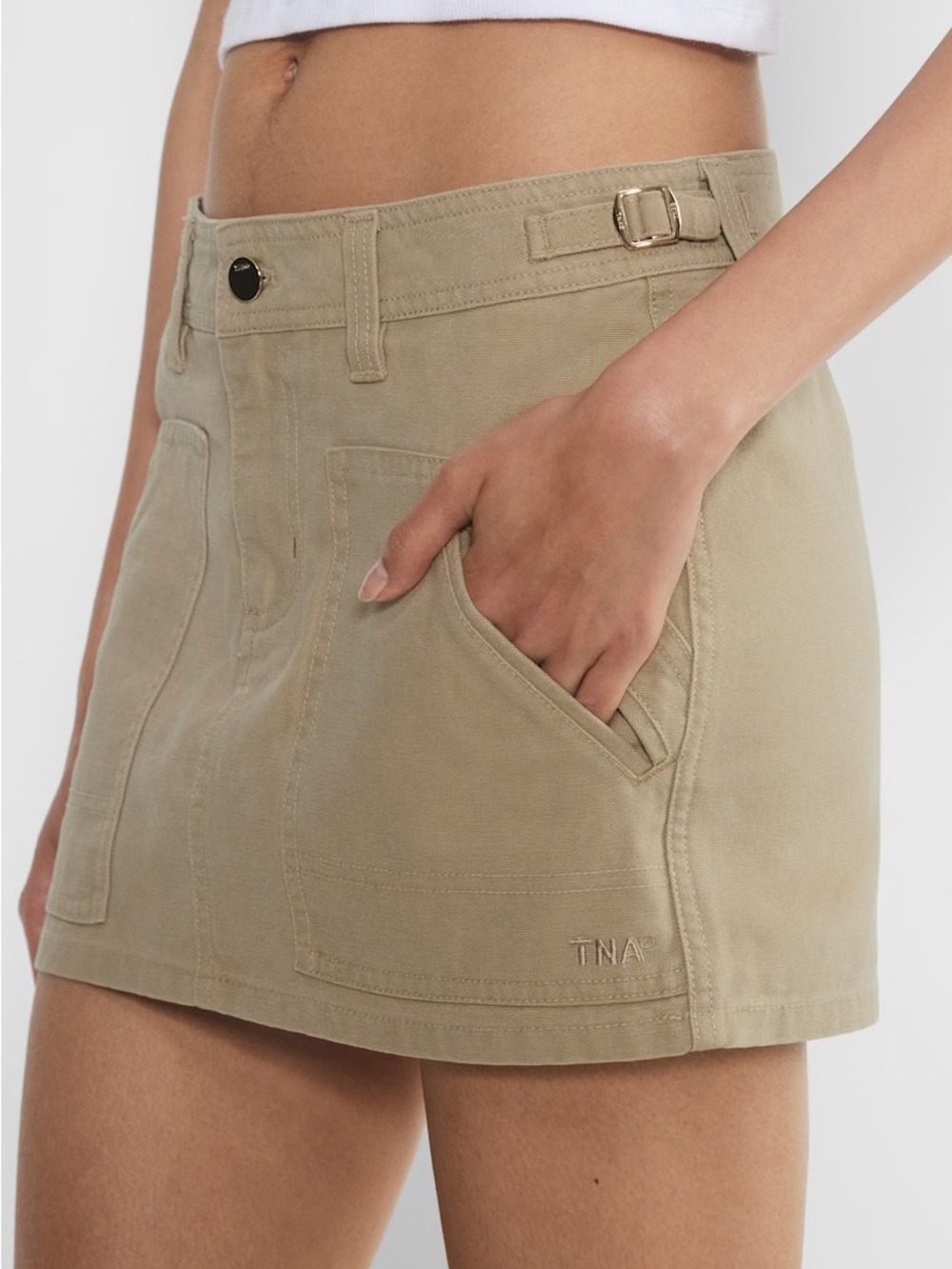 Aritzia TNA Khaki Utility Mini Skirt with Buckle Detail